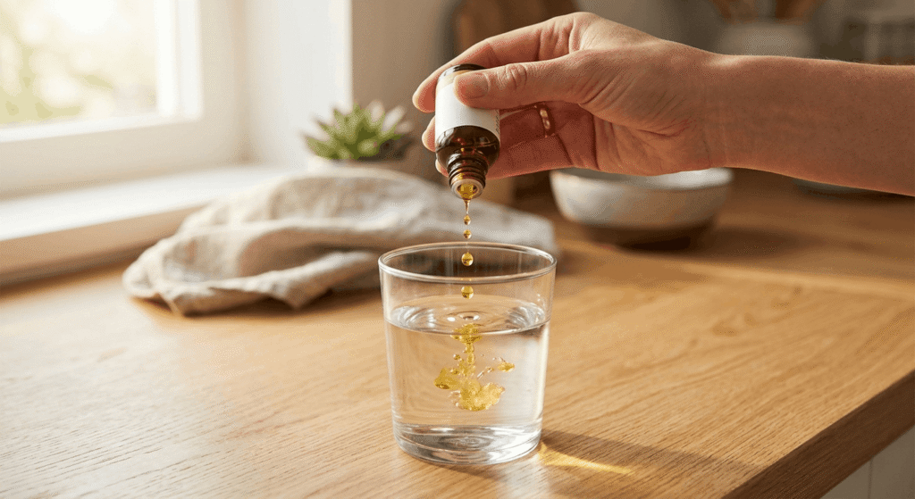 Hand holding a CBD oil dropper above a glass of water in natural morning light
