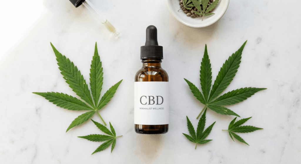 Amber CBD tincture bottle with hemp leaves on a white marble surface