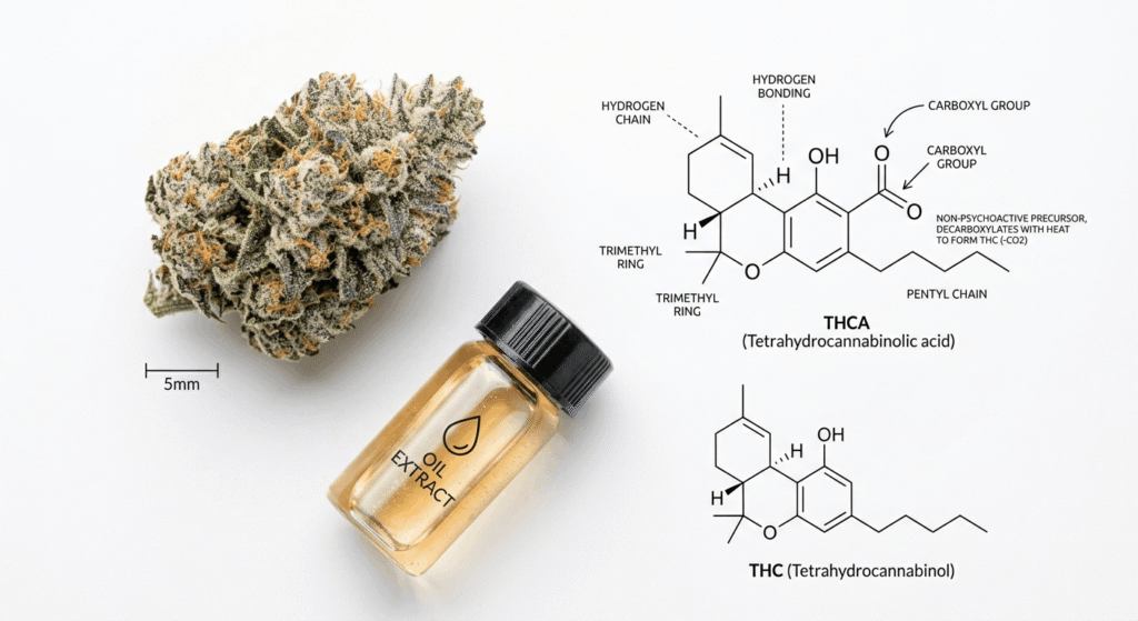 Hemp flower bud alongside a THCA molecular structure diagram and cannabinoid extract vial