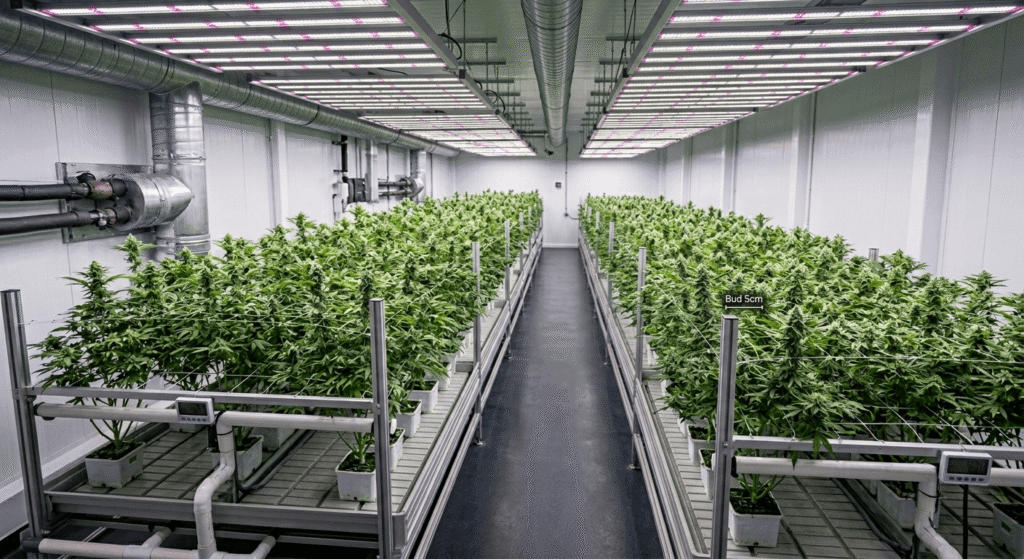 Indoor cannabis hemp cultivation facility with LED grow lights and hand-trimmed THCA flower