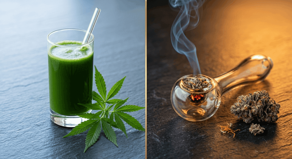 Split image showing raw THCA hemp juice on the left and heated smoked THCA flower on the right