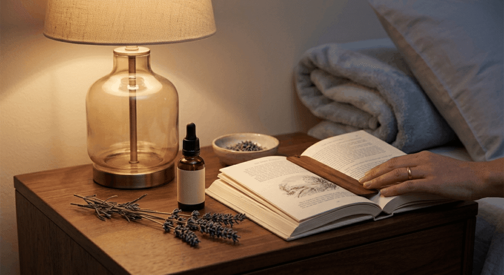 CBD oil bottle on bedside table beside a lamp and lavender sprig in a calming bedroom setting
