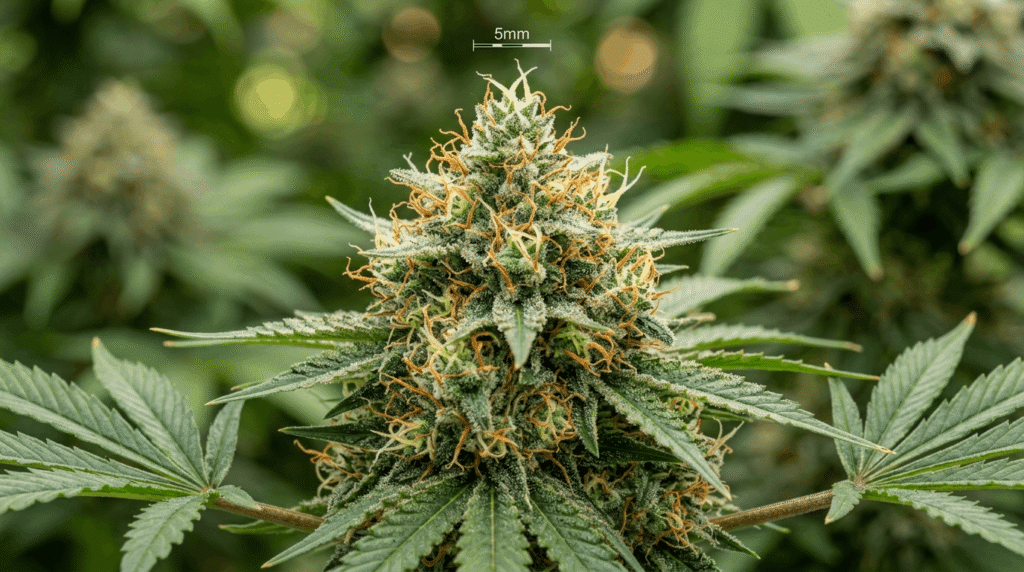 Macro close-up of a mature THCA hemp flower bud with white trichomes, orange pistils, and blurred green leaf background