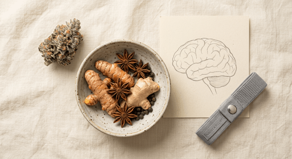 THCA flower wellness benefits flat-lay showing anti-inflammatory and neuroprotective theme items