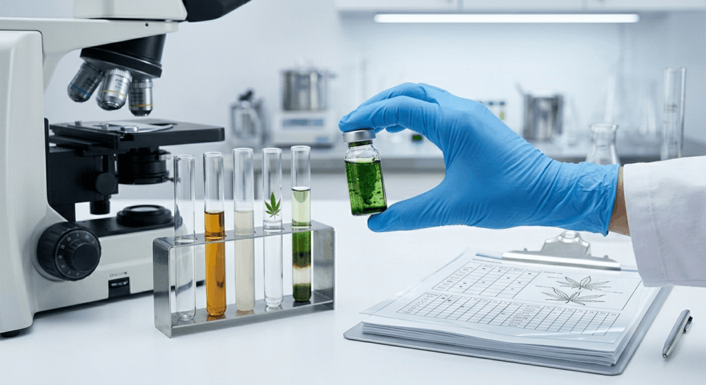 Lab technician holding hemp extract vial next to testing equipment in a professional laboratory
