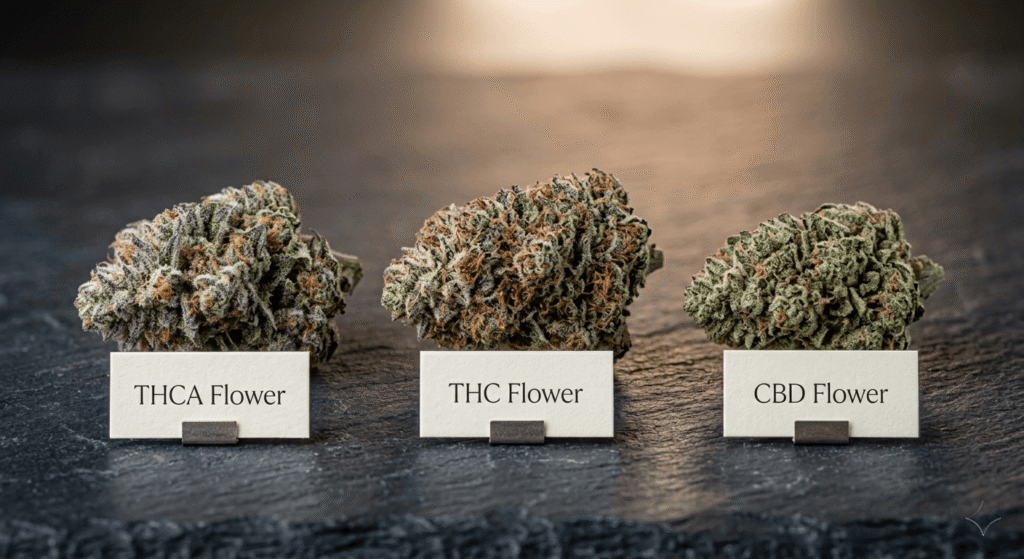 Three hemp flower buds side by side labeled THCA flower, THC flower, and CBD flower for comparison