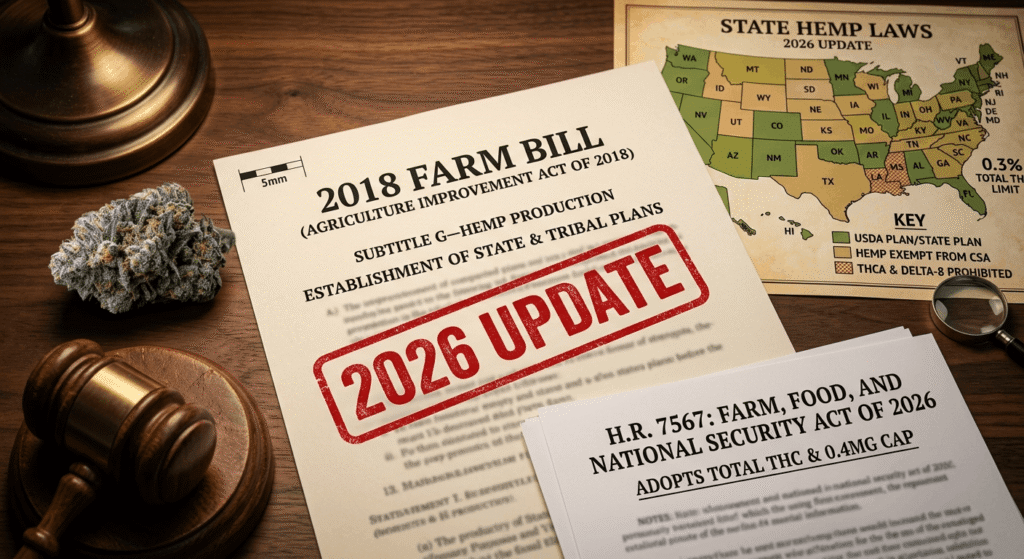 2018 Farm Bill document with 2026 update stamp, gavel, and US map representing THCA legality changes