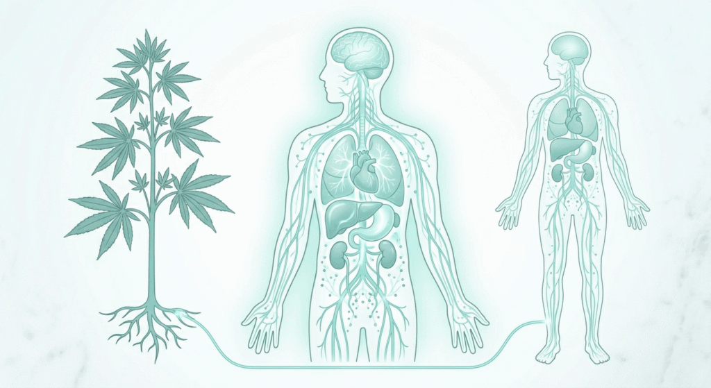 Medical illustration of the human body highlighting the endocannabinoid system and key organs
