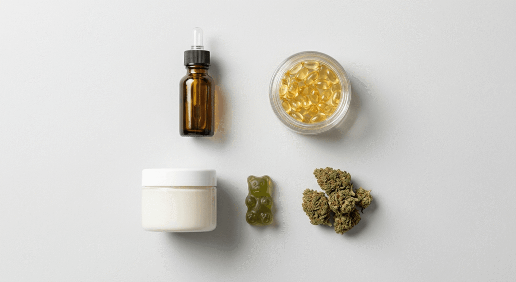 Flat-lay of various CBD product types including tincture, capsules, gummies, topical cream, and hemp flower
