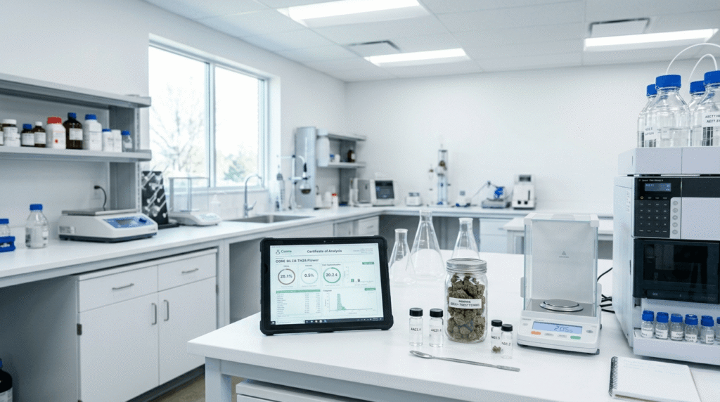 Scientist in white lab coat examining a cannabis COA report with lab testing equipment and THCa flower samples on a clean white lab bench