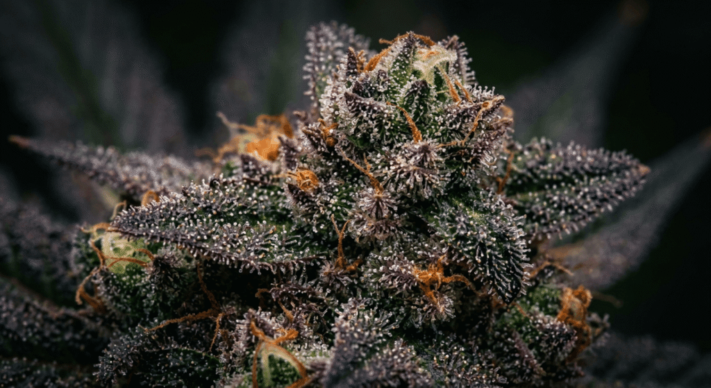 Close-up macro shot of cannabis trichomes on a THCa flower bud where terpenes and cannabinoids are produced