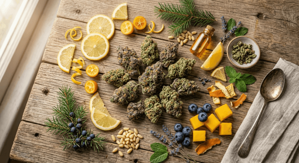 THCa flower buds surrounded by lemon, pine, and fruit botanicals representing the terpene profile of premium cannabis