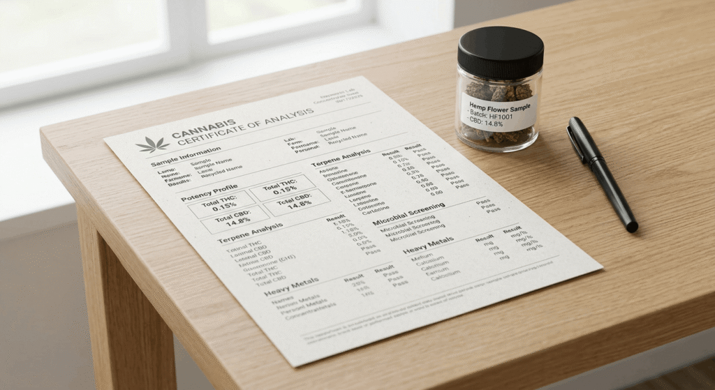 A cannabis certificate of analysis (COA) document on a white desk beside a labeled hemp flower sample jar, representing lab-tested THCa flower compliance

