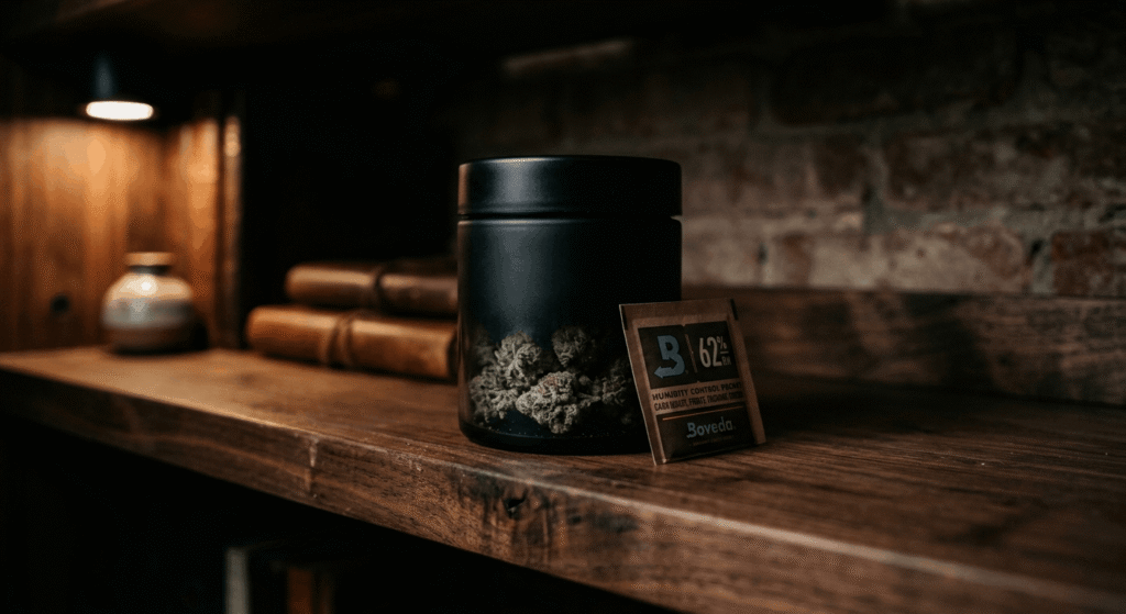 Airtight cannabis storage jar with a Boveda humidity pack to preserve terpenes at 55–65% humidity for optimal THCa flower freshness