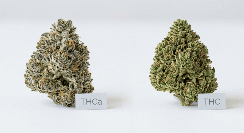 Side-by-side comparison of THCa hemp flower and THC cannabis flower buds on a white surface showing visual differences
