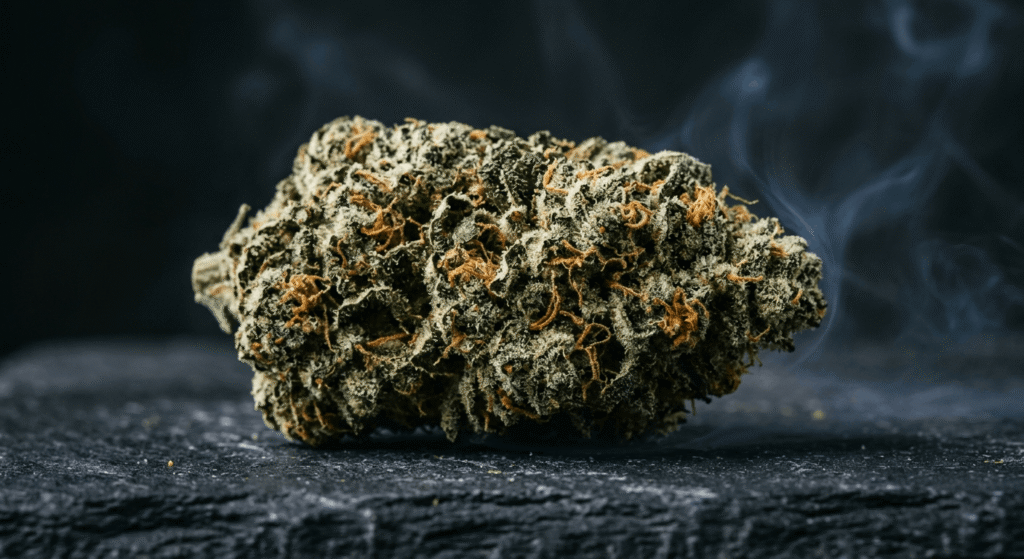 Dense indica THCa flower bud with white trichomes and amber pistils on dark slate — premium hemp flower