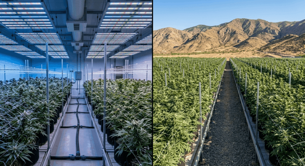 Side-by-side of an indoor LED cannabis grow room versus outdoor cannabis cultivation under natural sunlight