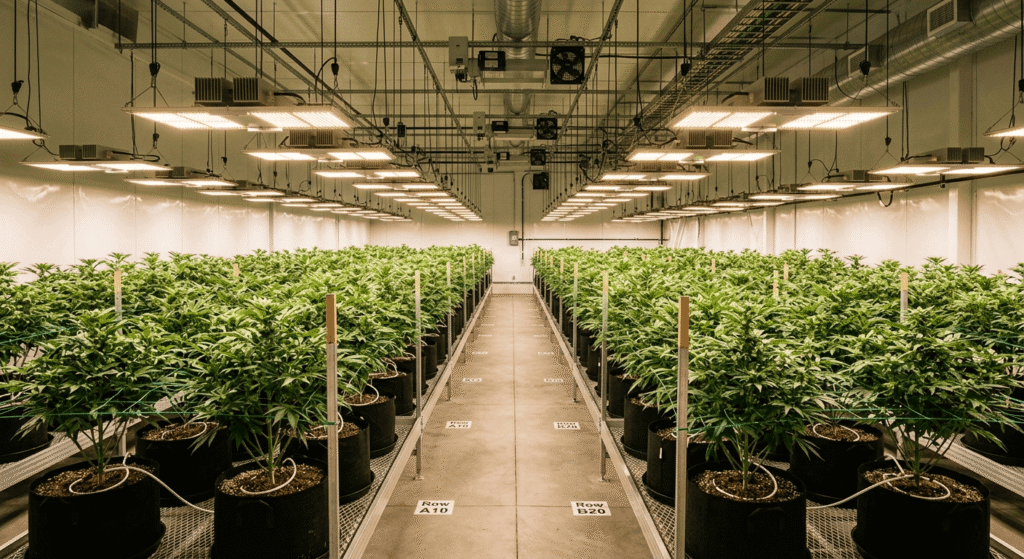 Indoor hemp cultivation facility with rows of green cannabis plants growing under LED lights in fabric pots with living soil