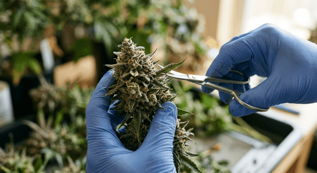 Gloved hands hand-trimming an exotic THCa flower bud with precision scissors to preserve trichomes and bag appeal