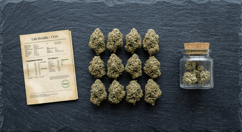 Overhead flat-lay of THCa hemp flower buds, a glass jar, and a certificate of analysis lab results document on a dark slate surface