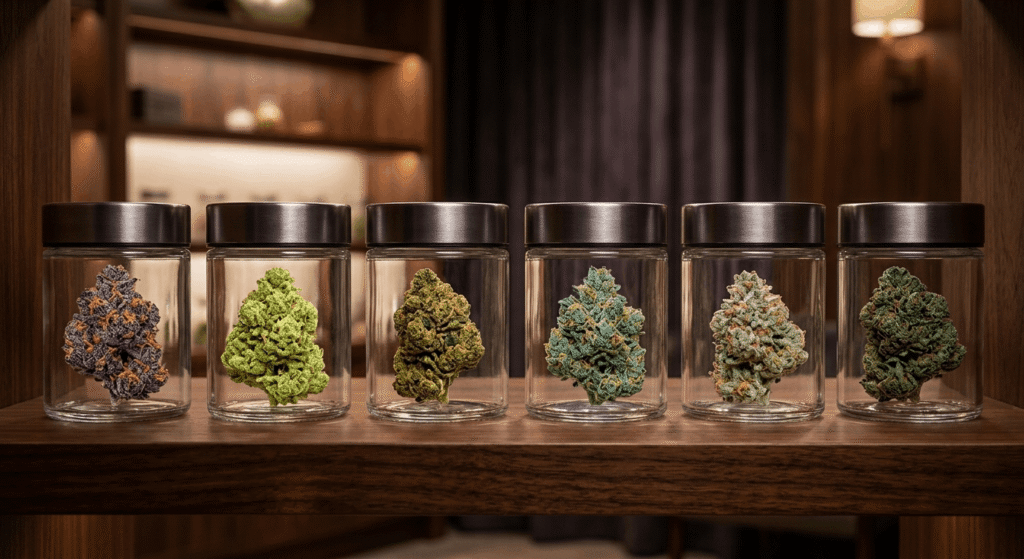 Collection of top exotic THCa flower strains displayed in individual glass jars showing distinctive color variations and frosted bud structures