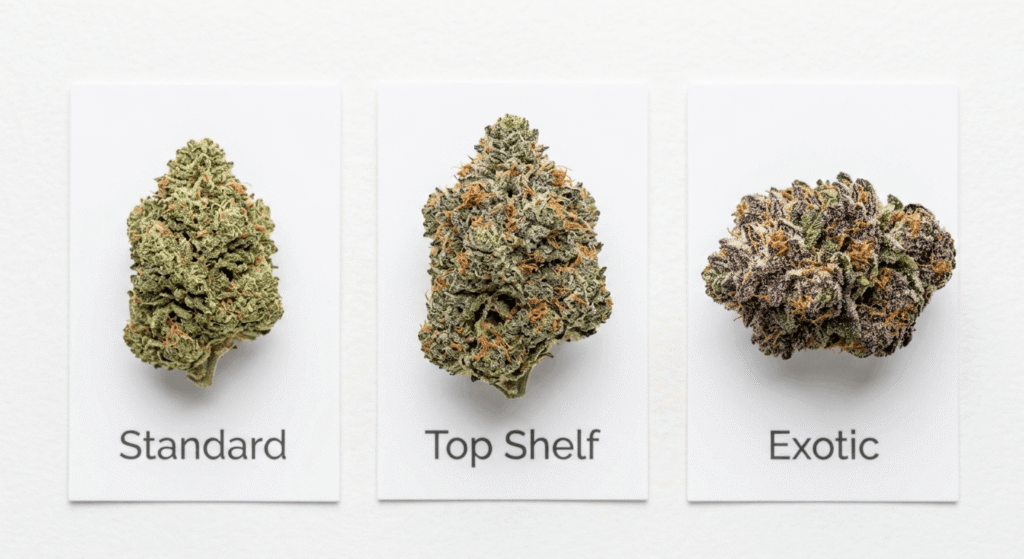 Flat-lay of multiple exotic THCa flower cultivars with vibrant hues and heavy trichome coverage on marble surface