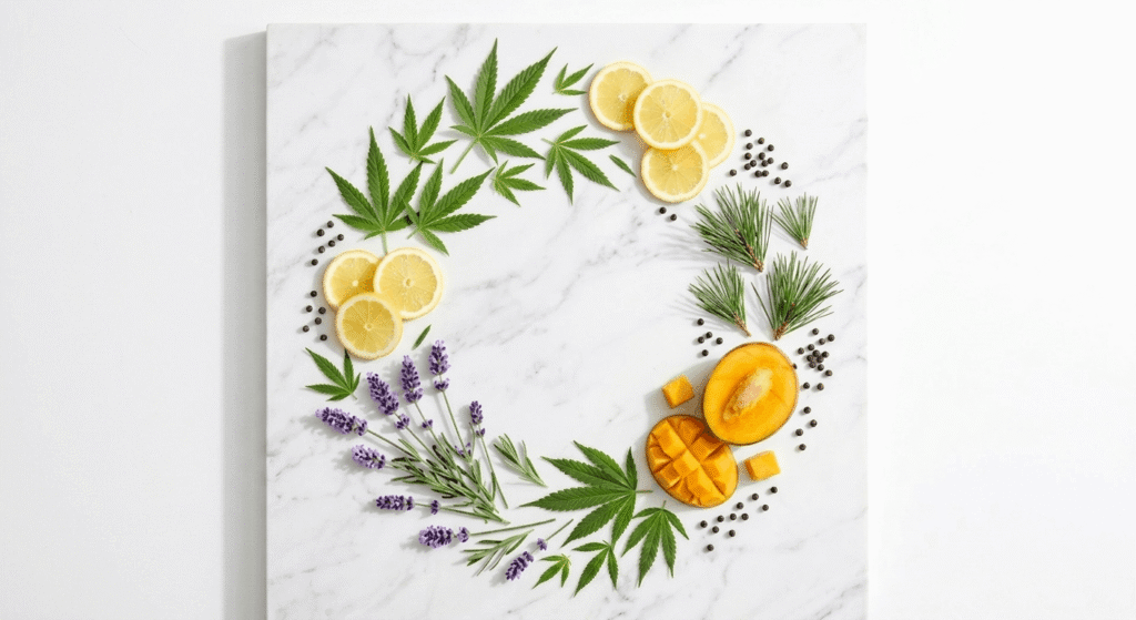 Overhead flat-lay of cannabis leaves, lemon slices, lavender sprigs, pine needles, mango, and black peppercorns arranged on a white marble surface representing cannabis terpene aromatic compounds