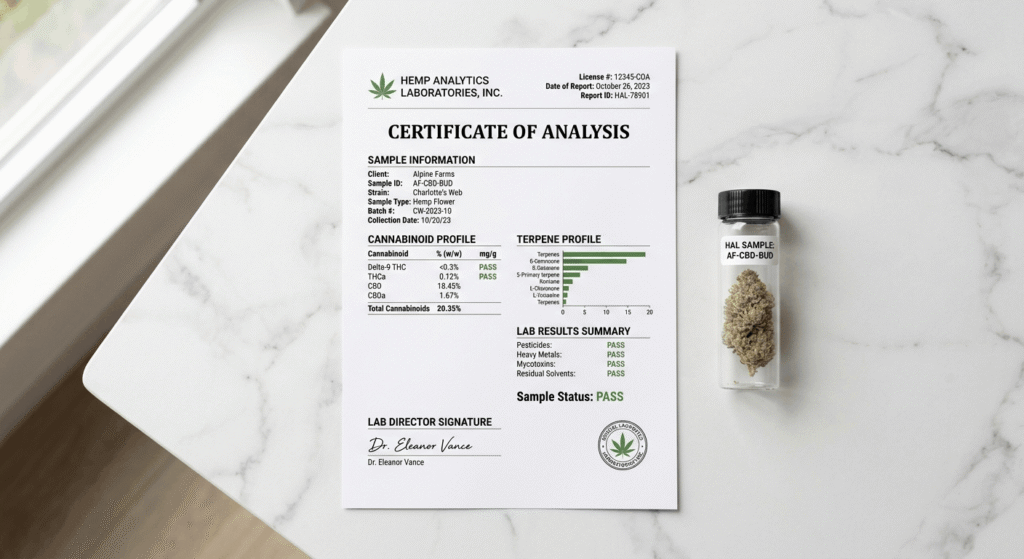 Hemp lab Certificate of Analysis COA document next to a cannabis flower sample showing THC CBD and terpene potency test results for consumer safety