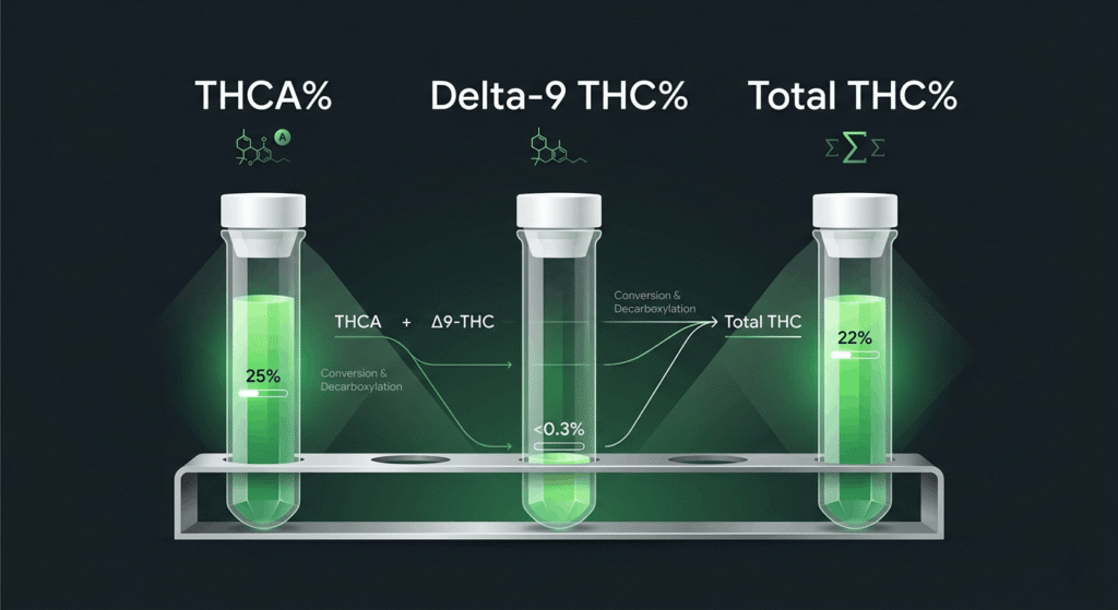 Diagram showing THCA percentage, Delta-9 THC percentage, and Total THC percentage in a cannabinoid potency panel