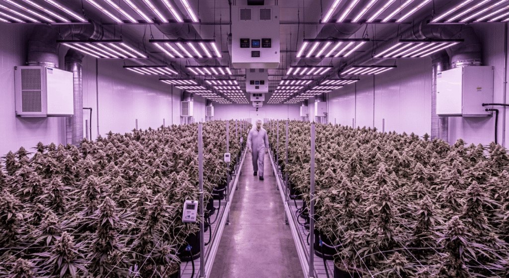 Indoor THCa cannabis cultivation room with mature flowering plants under purple LED grow lights