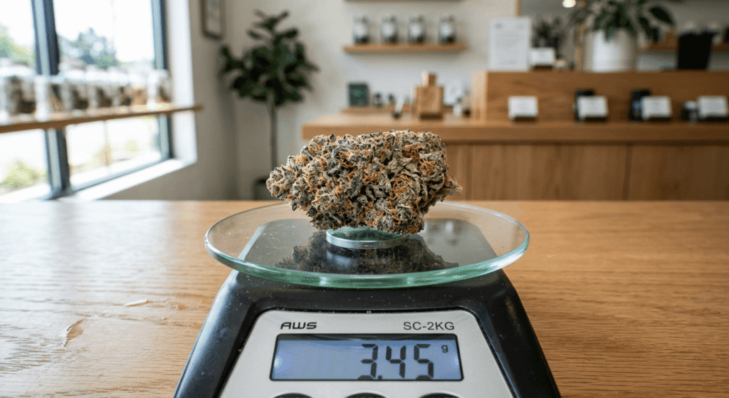 Premium hybrid cannabis flower bud sitting on a glass dispensary scale showing mixed green and purple tones with dense white trichome coverage