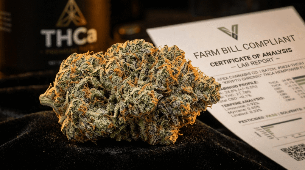 Premium THCa hemp flower bud with white trichomes and a Farm Bill compliant COA document in background