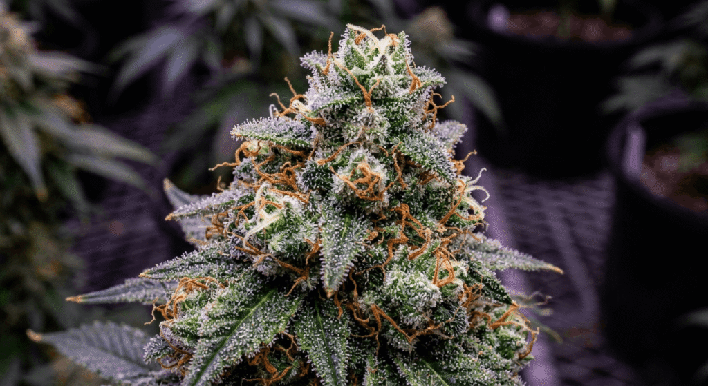 Premium indoor THCa hemp flower bud with dense trichome coverage under LED grow lights