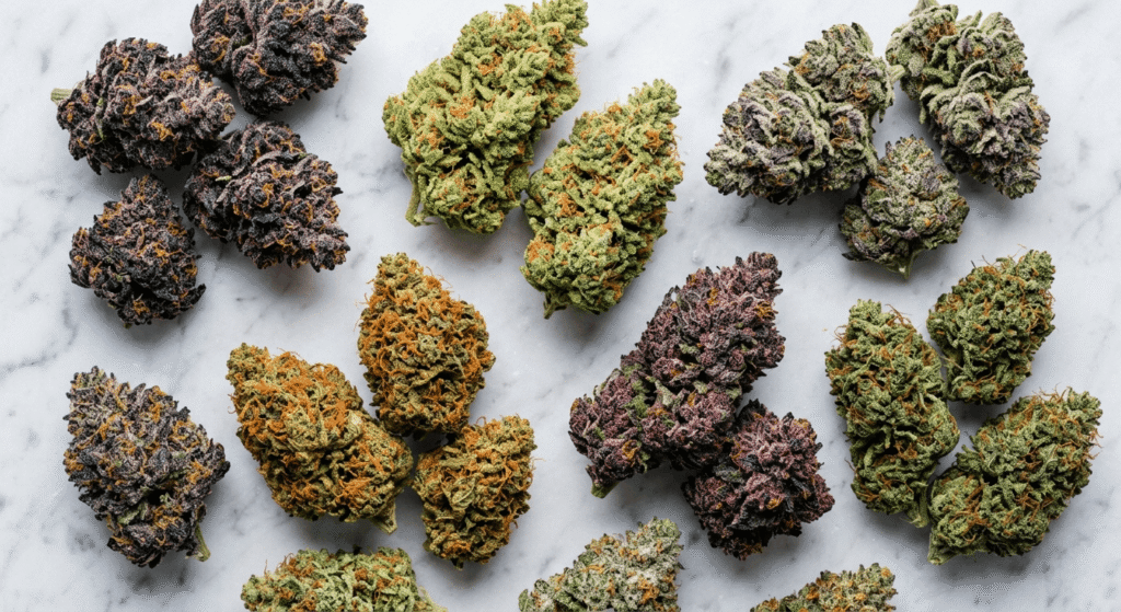  Side-by-side comparison of standard, top shelf, and exotic THCa flower buds showing increasing trichome density and color vibrancy