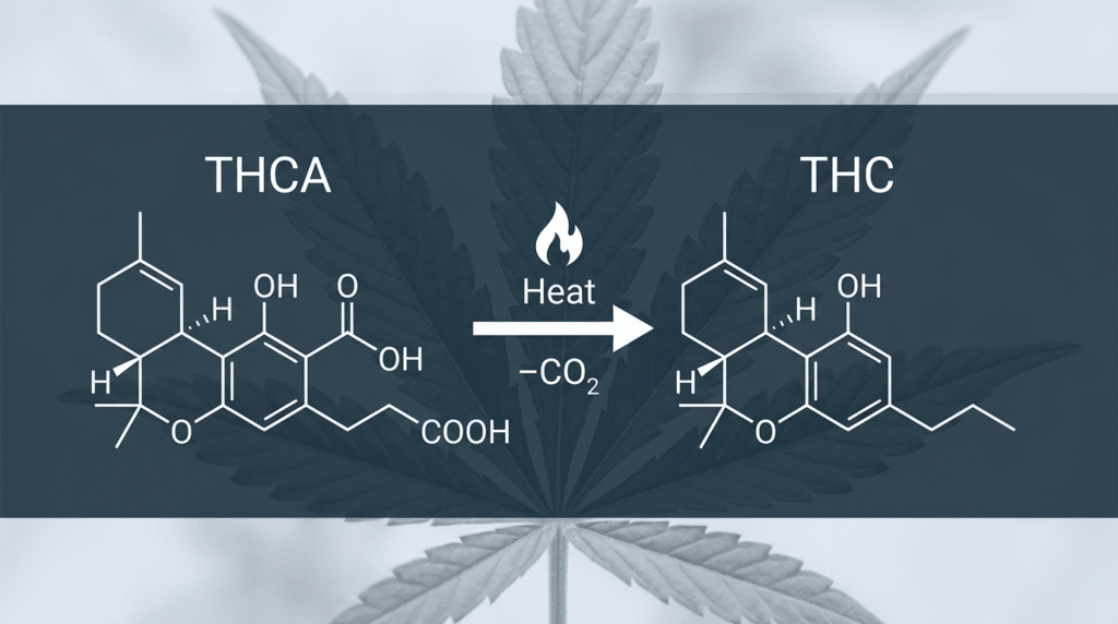 THCA to THC decarboxylation process diagram showing molecular structure change when heat removes the carboxyl group
