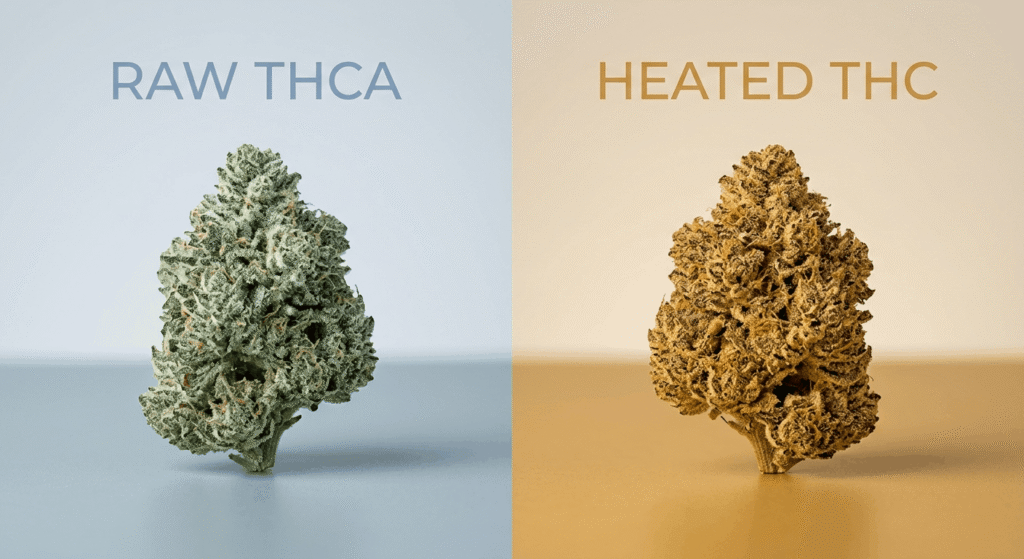 Side-by-side comparison of a raw THCA cannabis bud in cool blue tones and a heated THC cannabis bud in warm amber tones.