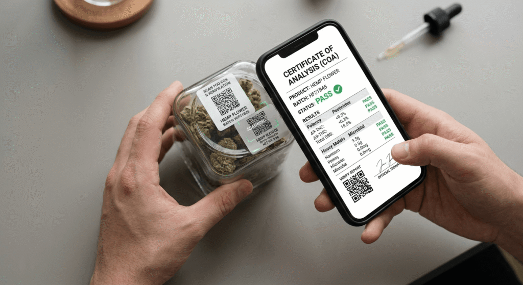 Buyer scanning QR code on THCA flower packaging to verify Certificate of Analysis online