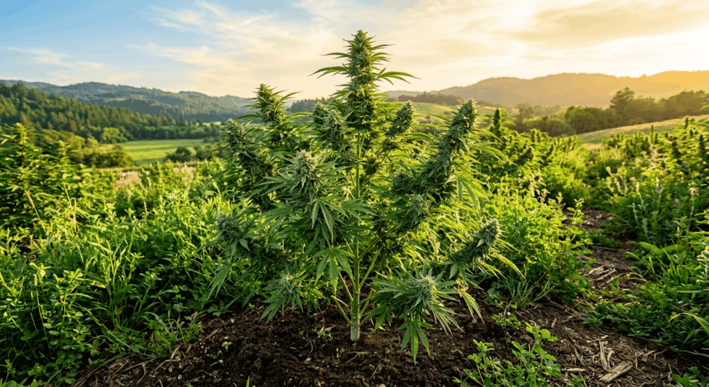 Outdoor THCa hemp flower plant growing under natural sunlight in open field