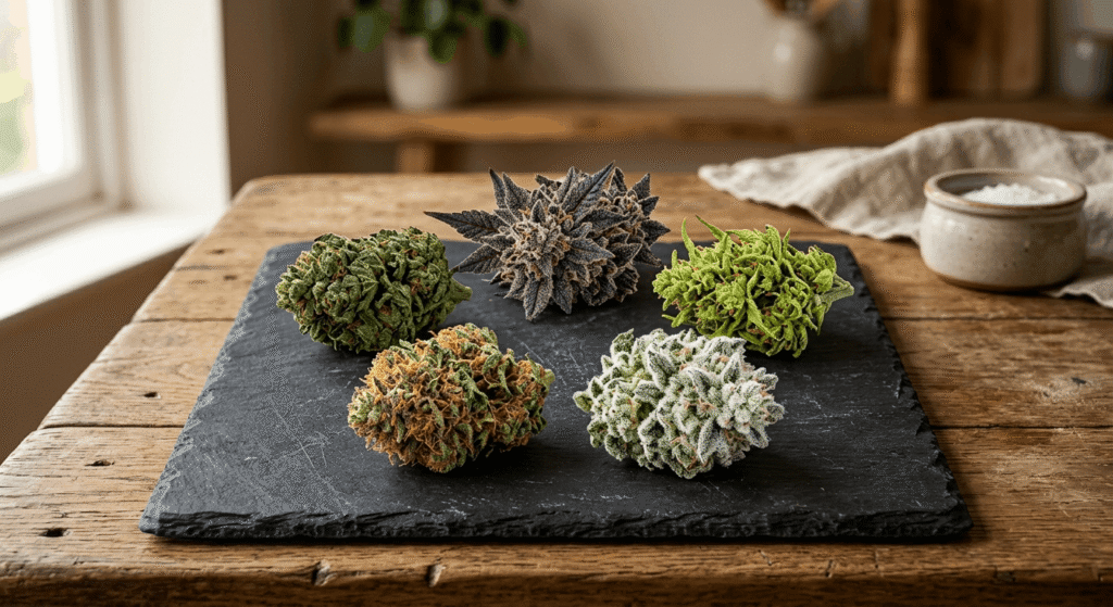 Five premium cannabis flower buds in distinct colors — purple, lime green, frosty white, orange-tipped, and forest green — arranged in a circle on a dark slate tray