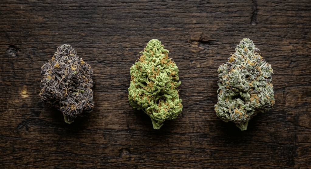 Three cannabis flower buds in a straight row on a dark wooden table — deep purple indica, bright green sativa, and frosty hybrid — shot from directly overhead