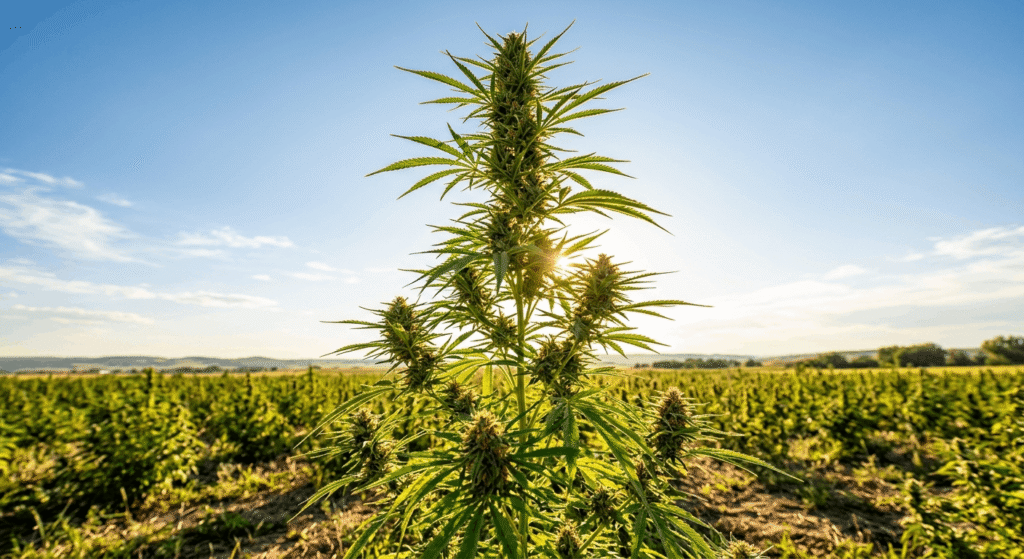 Tall bright green sativa cannabis plant growing outdoors in a sunlit Colorado hemp field with narrow leaves and vivid orange pistils visible on buds
