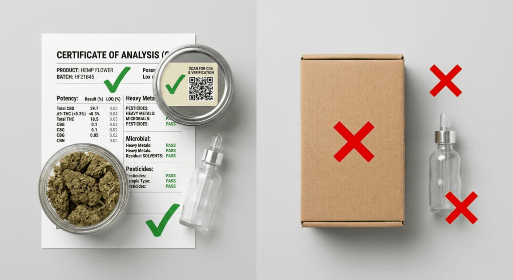 Side-by-side comparison of a verified THCA supplier with full COA documentation versus an unverified supplier without lab results