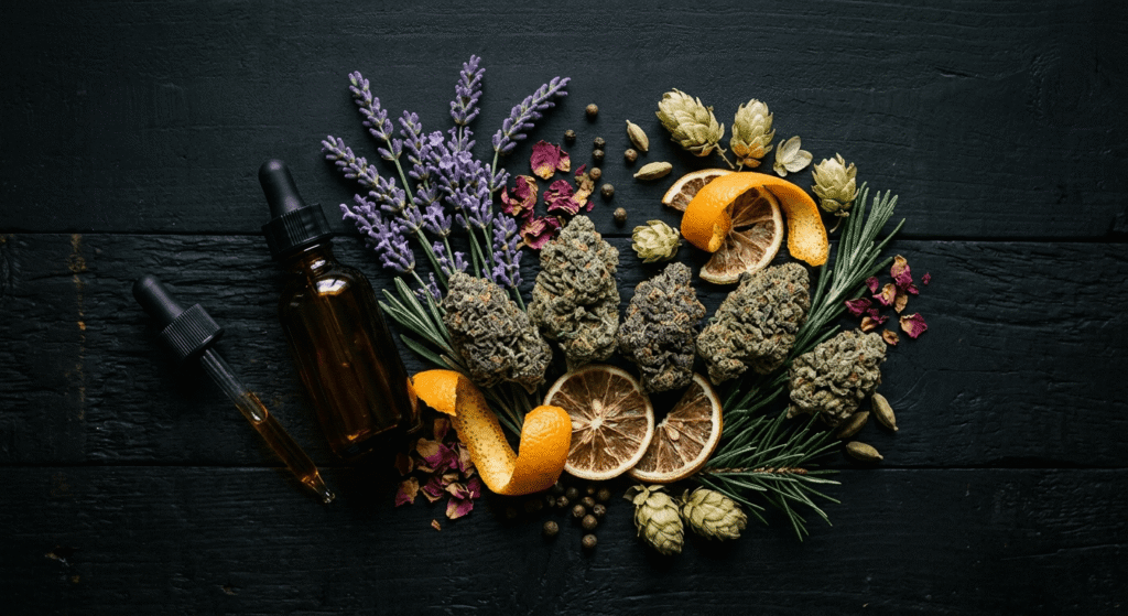 Cannabis flower and botanical terpene ingredients arranged together to represent the entourage effect — synergy between cannabinoids and terpenes