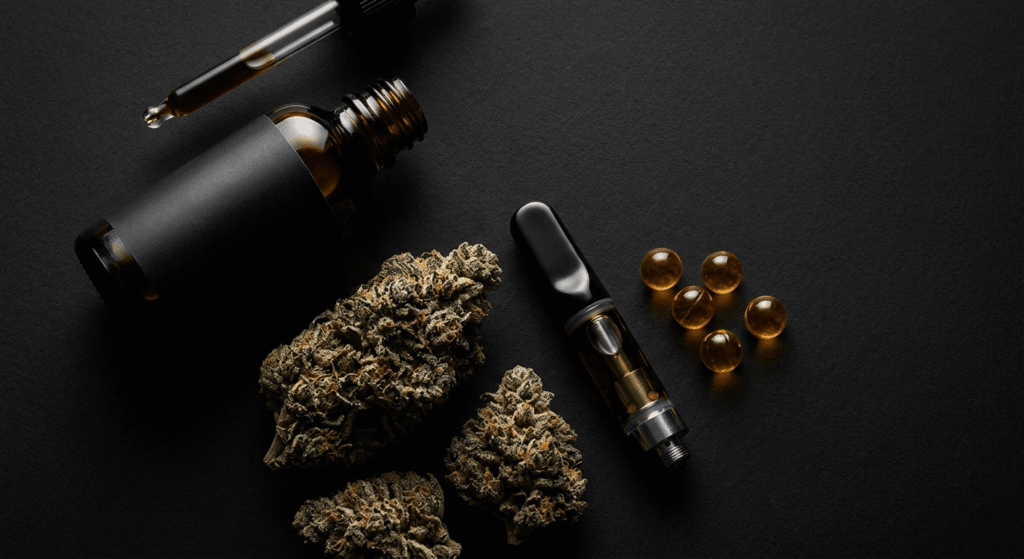 Premium THCA product lineup including flower buds, tincture, vape cartridge, and capsules on dark background