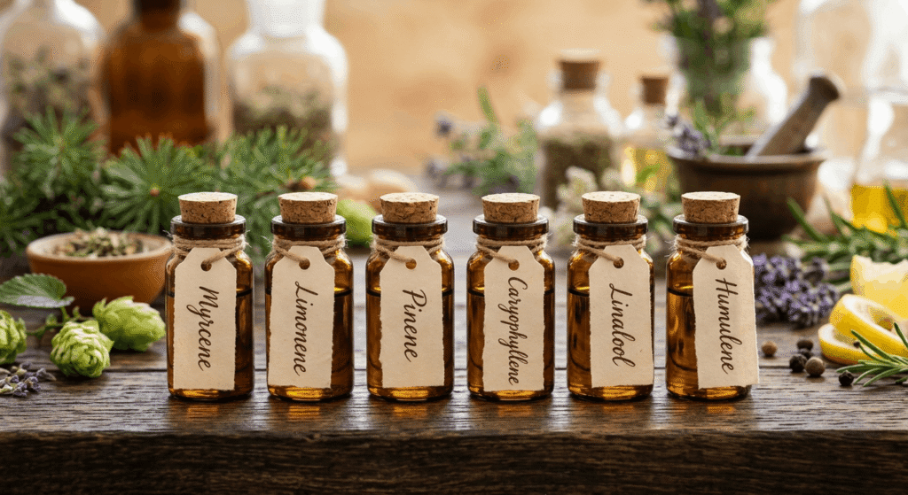 Six amber vials representing the six most common cannabis terpenes: myrcene, limonene, pinene, caryophyllene, linalool, and humulene
