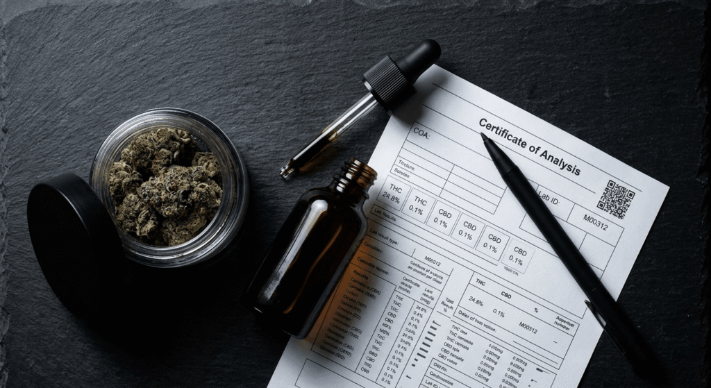 THCA tincture, premium flower jar, and COA lab certificate for safe and informed THCA dosing
