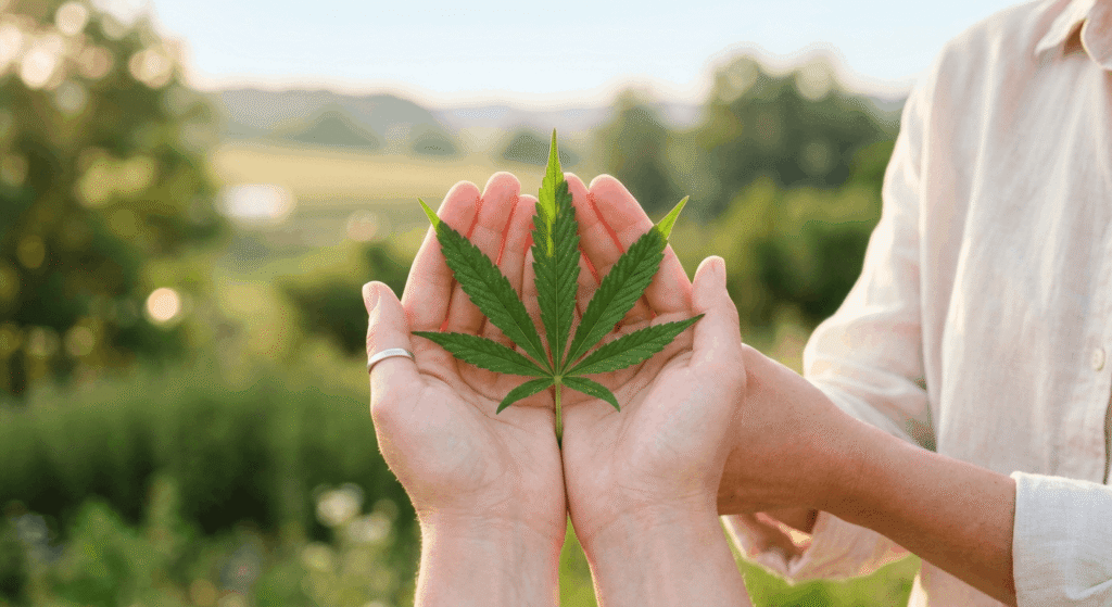 Hands holding a fresh hemp leaf representing THCA wellness and anti-inflammatory benefits
