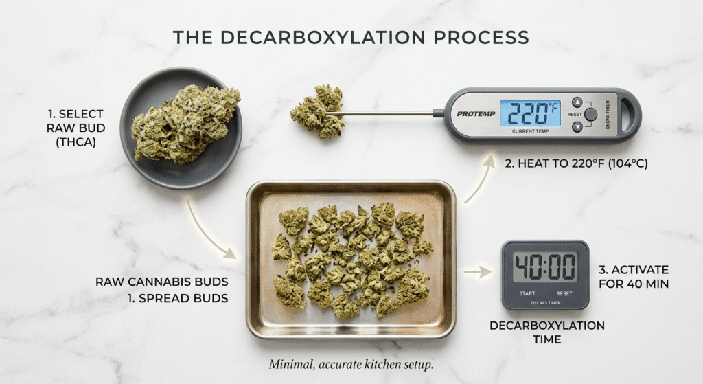 Cannabis flower bud next to a thermometer and baking timer showing the decarboxylation setup at 220°F on a white background.
