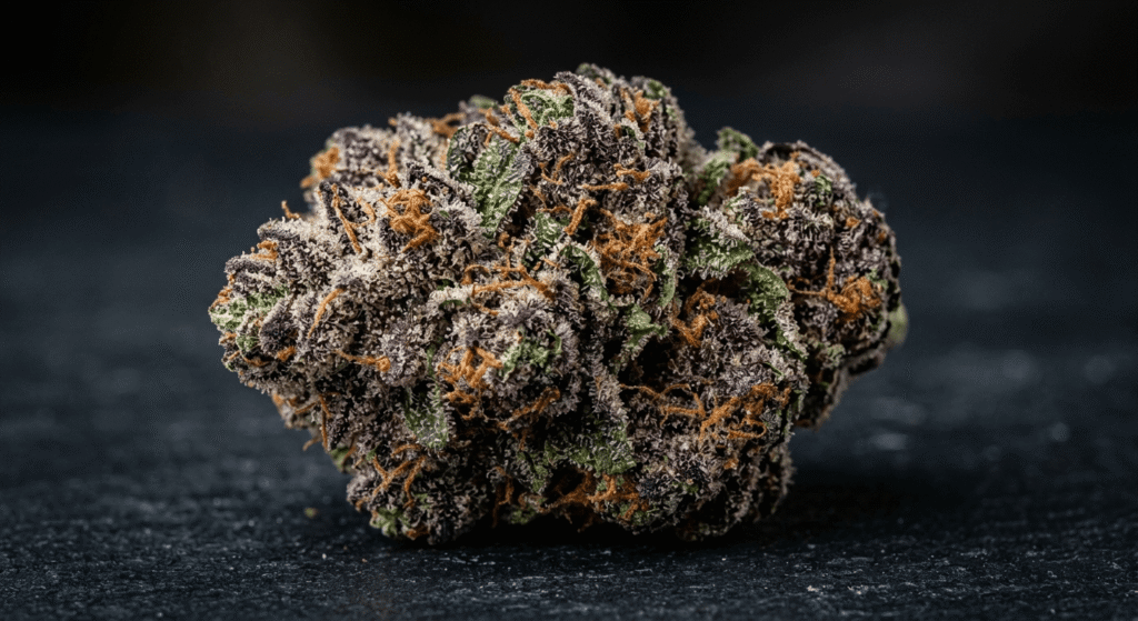 Close-up of exotic indoor THCa flower bud with dense trichome coverage and deep purple coloration