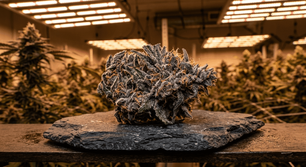 Dense purple indica cannabis flower bud resting on dark slate with heavy white trichome frost under warm amber grow room lighting